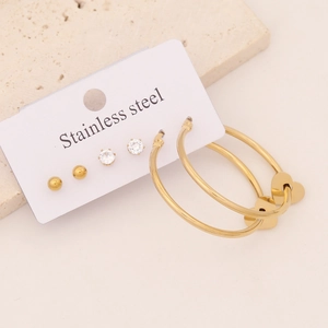 6-piece stainless steel earring set with gold hoops, heart charms and crystal studs