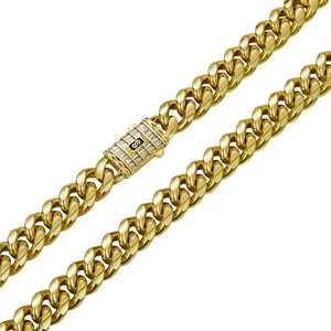 Close-up of 14K gold-plated Cuban link chain with zircon micro-paved S-logo buckle