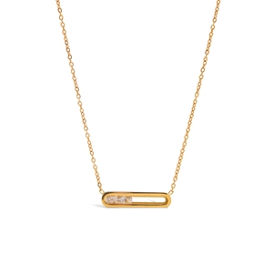 Gold titanium steel necklace with rectangular pendant featuring three sliding crystals