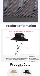 Detailed dimensions of breathable outdoor sun hat with mesh panels and built-in compass