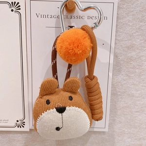 Handcrafted knit shiba inu and bear keychain with woven cord and heart carabiner