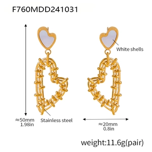Detailed specs of double heart earrings with white shell and gold stainless steel