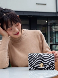 Mini zebra print chain shoulder bag with gold metal twist lock on a stylish model
