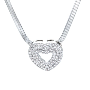 Hollow heart necklace with triple-layer micro-paved cubic zirconia on a sleek snake chain