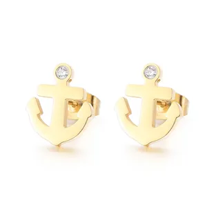 Nautical Anchor Stud Earrings Stainless Steel Minimalist Cubic Zirconia Jewelry For Women