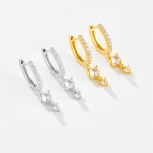 Elegant S925 sterling silver hoop earrings with triple graduated zircon drops in gold and silver