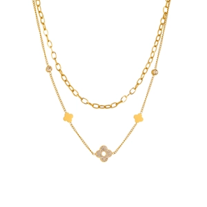 Double-layered gold necklace with sparkling zircon clover pendant and crystal dot accents