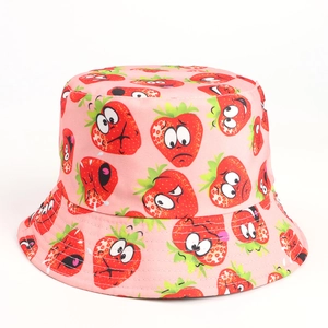 Detailed close-up of pink bucket hat with diverse cartoon strawberry emoji prints