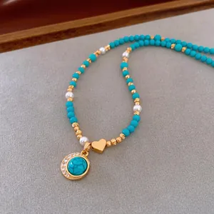 18K gold plated turquoise and pearl beaded necklace with sparkling heart pendant