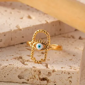 Vintage Hamsa Hand and Evil Eye adjustable stainless steel ring in gold finish