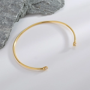 Minimalist S925 silver open cuff bracelet with 14K gold plating and zircon inlay