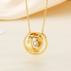 Minimalist gold stainless steel necklace with rotating circles and zircon stone pendant