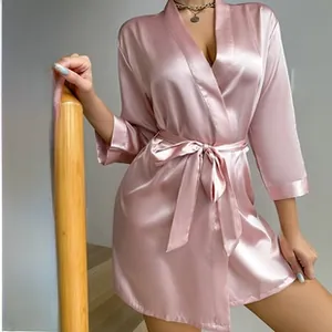 Pink satin bathrobe with V-neck design and matching waist belt in premium glossy fabric