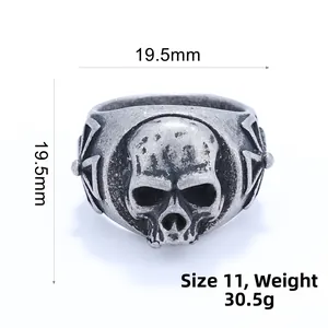 Detailed view of skull ring dimensions 19.5mm and weight 30.5g in vintage stainless steel