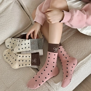 Women Cotton Blend Crew Socks Polka Dot Embroidered Bow Contrast Color Japanese Sweet Kawaii Mid Tube