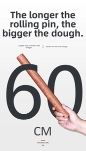 Detailed view of a 60cm solid wood rolling pin featuring natural grain and smooth texture