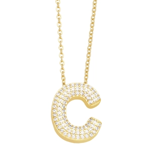Minimalist gold letter C pendant necklace with sparkling cubic zirconia on white background