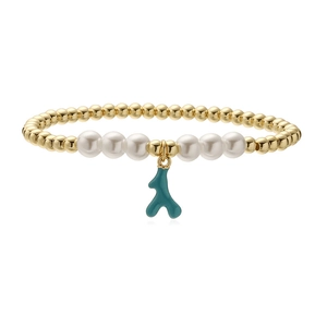 Chic beaded bracelet with golden beads, white pearls, and a blue coral antler pendant charm