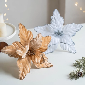 Artificial champagne velvet poinsettia flowers for Christmas tree decoration