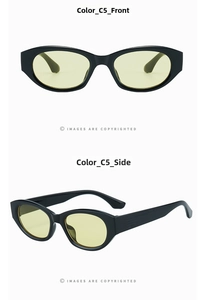 Front and side views of stylish black oval sunglasses with light yellow lenses