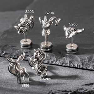 Retro stainless steel animal stud earrings featuring dragon, goat, and deer head motifs