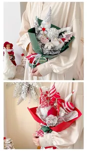 Close-up of Christmas bouquet decorations with knit gnomes and festive ornaments