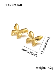 Macro shot of gold butterfly earrings with precise size dimensions and weight info