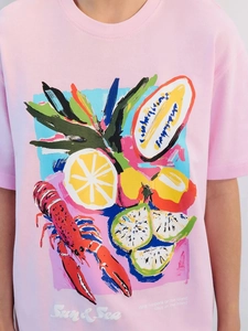 Ροζ βαμβακερό t-shirt με τροπικό τύπωμα αστακού και σλόγκαν Sun & Sea για γυναίκες