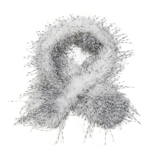 Detailed close-up of fluffy faux turkey fur scarf with soft grey-white plush texture