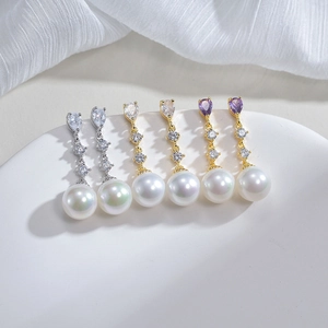 Copper Cubic Zirconia Shell Artificial Pearl Dangle Earrings With 925 Sterling Silver Earring Post Elegant Vintage Wedding Women