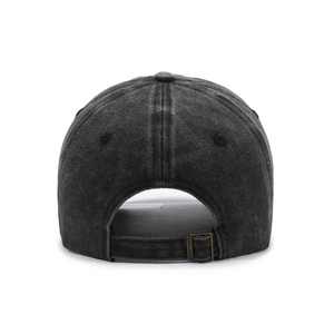 Adjustable dark grey washed denim baseball cap with vintage bronze buckle back view