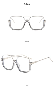 Detailed front and side views of gray double bridge square frame metal sunglasses