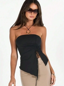 Y2K style black bandeau top for women featuring side drawstring ruched details and matte finish