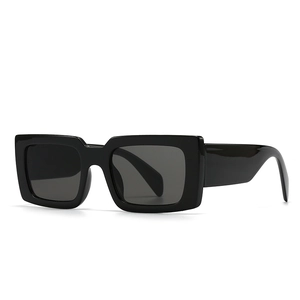Classic black square sunglasses with thick frames and dark lenses in a 45-degree angle view