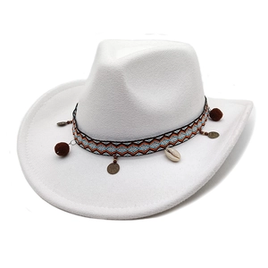 White wool felt western cowboy hat with ethnic braided band and seashell decorative accents