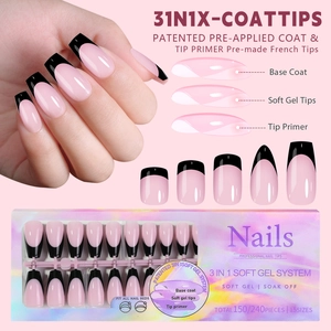French tip press-on nails set with 15 sizes of black and pink soft gel nail extensions