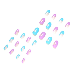 Blue and purple French star pattern oval press-on false nails set on white background
