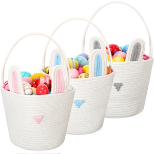 Three-piece white cotton rope woven Easter bunny baskets with pink, blue, and gray ears