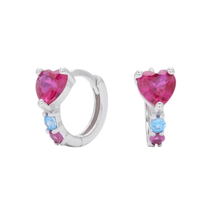 Detail view of S925 sterling silver heart earrings with pink and blue crystal zircon stones