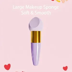 Detail view of a bullet-shaped makeup sponge puff with a purple handle and golden metal ferrule