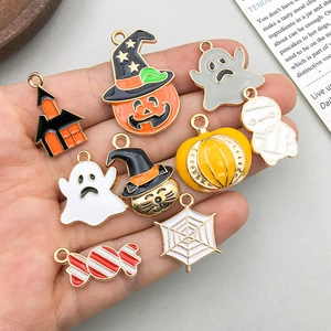 Cute Halloween charms set featuring pumpkin, ghost, and witch cat enamel pendants for DIY jewelry