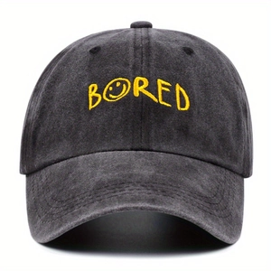Classic charcoal washed denim baseball cap with yellow BORED embroidery and smiley face