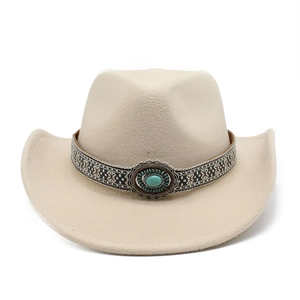 Detail of beige felt cowboy hat with bohemian patterned band and turquoise stone accessory