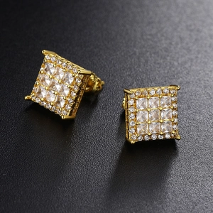 Macro shot of gold square iced-out earrings with cubic zirconia in a prong setting