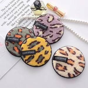 Round Leopard Print Microfiber Makeup Remover Pad Reusable Double Sided Facial Cleansing Sponge With Hanging Strap