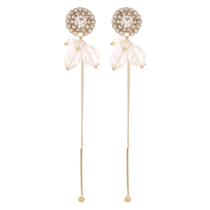Elegant gold tassel earrings with sparkling rhinestones and crystal beads on white backdrop