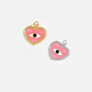 Pink heart devil eye charms with gold and silver metal edges for necklaces