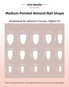 Detailed size chart showing 15 different dimensions for French almond press-on nails
