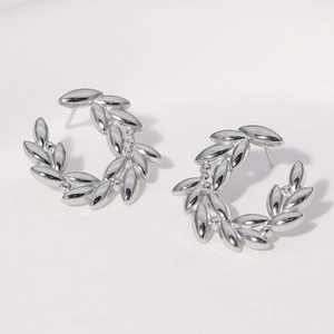 Polished stainless steel leaf branch stud earrings in a silver wreath shape design