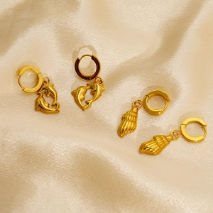18K gold plated ocean series earrings set featuring dolphin and shell charms